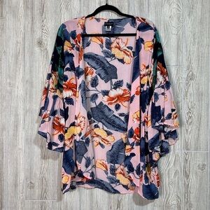 b Boutique Tropical Floral Print Kimono Open Front Cardigan with Bell Sleeves OS